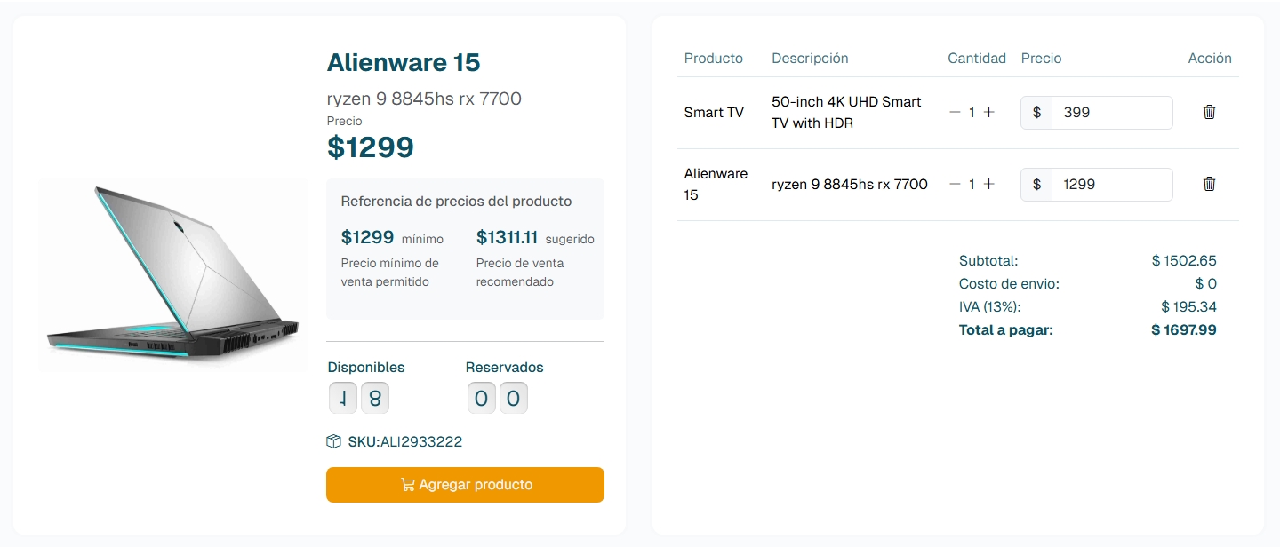 Interfaz de punto de venta mostrando selección de cliente, producto Coffee Maker con precio $59.99 y carrito de compras